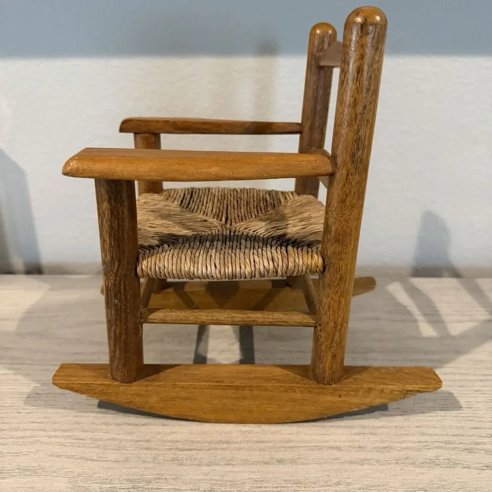 VINTAGE SMALL BROWN WOOD ROCKING CHAIR‎ HANDCRAFTED WICKER 9